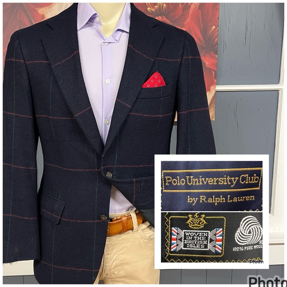 VTG Ralph Lauren Polo University Tweed Blazer Mens 38R Wool Dark Navy/Red/Green